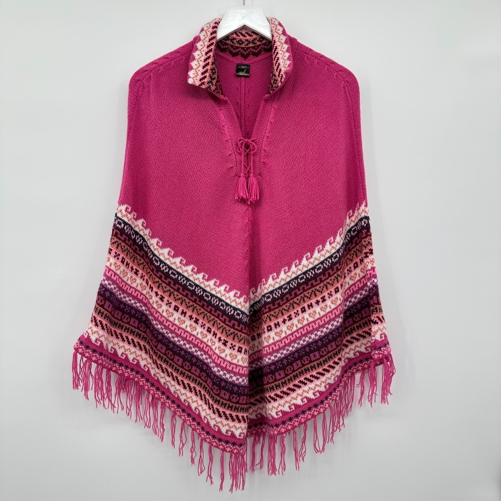Alpaca Poncho Sweater Women One Size Fringe Made in Peru Nomadic Boho Artsy Pink - Picture 10 of 10